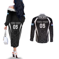Custom Fiji Rugby Couples Matching Off The Shoulder Long Sleeve Dress and Long Sleeve Button Shirt Fijian Warrior Black LT05 - Polynesian Pride