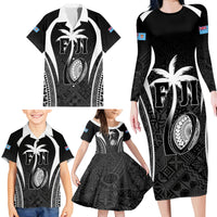 Custom Fiji Rugby Family Matching Long Sleeve Bodycon Dress and Hawaiian Shirt Fijian Warrior Black LT05 - Polynesian Pride