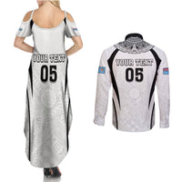 Custom Fiji Rugby Couples Matching Summer Maxi Dress and Long Sleeve Button Shirt Fijian Warrior White LT05 - Polynesian Pride