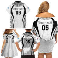 Custom Fiji Rugby Family Matching Off Shoulder Short Dress and Hawaiian Shirt Fijian Warrior White LT05 - Polynesian Pride