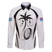 Custom Fiji Rugby Family Matching Off Shoulder Short Dress and Hawaiian Shirt Fijian Warrior White LT05 Dad's Shirt - Long Sleeve White - Polynesian Pride