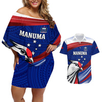 Custom Samoa Rugby Couples Matching Off Shoulder Short Dress and Hawaiian Shirt Manuma Ptilinopus Perousii LT05 Blue - Polynesian Pride