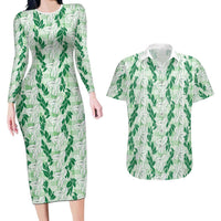 Hawaii Ti Leaf Maile Tuberose Lei Couples Matching Long Sleeve Bodycon Dress and Hawaiian Shirt With Hanalei Leaf Green