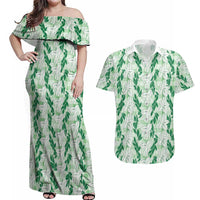 Hawaii Ti Leaf Maile Tuberose Lei Couples Matching Off Shoulder Maxi Dress and Hawaiian Shirt With Hanalei Leaf Green