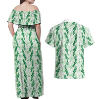 Hawaii Ti Leaf Maile Tuberose Lei Couples Matching Off Shoulder Maxi Dress and Hawaiian Shirt With Hanalei Leaf Green