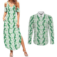 Hawaii Ti Leaf Maile Tuberose Lei Couples Matching Summer Maxi Dress and Long Sleeve Button Shirt With Hanalei Leaf Green