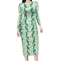 Hawaii Ti Leaf Maile Tuberose Lei Family Matching Long Sleeve Bodycon Dress and Hawaiian Shirt With Hanalei Leaf Green LT05 Mom's Dress Green - Polynesian Pride