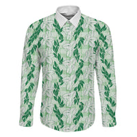 Hawaii Ti Leaf Maile Tuberose Lei Family Matching Off The Shoulder Long Sleeve Dress and Hawaiian Shirt With Hanalei Leaf Green LT05 Dad's Shirt - Long Sleeve Green - Polynesian Pride