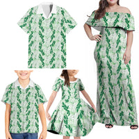 Hawaii Ti Leaf Maile Tuberose Lei Family Matching Off Shoulder Maxi Dress and Hawaiian Shirt With Hanalei Leaf Green