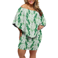 Hawaii Ti Leaf Maile Tuberose Lei Family Matching Off Shoulder Short Dress and Hawaiian Shirt With Hanalei Leaf Green LT05 Mom's Dress Green - Polynesian Pride