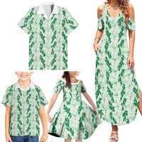 Hawaii Ti Leaf Maile Tuberose Lei Family Matching Summer Maxi Dress and Hawaiian Shirt With Hanalei Leaf Green