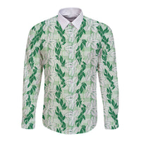 Hawaii Ti Leaf Maile Tuberose Lei Long Sleeve Button Shirt With Hanalei Leaf Green
