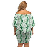 Hawaii Ti Leaf Maile Tuberose Lei Off Shoulder Short Dress With Hanalei Leaf Green