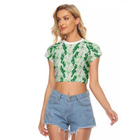 Hawaii Ti Leaf Maile Tuberose Lei Raglan Cropped T Shirt With Hanalei Leaf Green