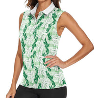 Hawaii Ti Leaf Maile Tuberose Lei Women Sleeveless Polo Shirt With Hanalei Leaf Green