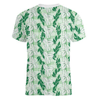 Hawaii Ti Leaf Maile Tuberose Lei Women V-Neck T-Shirt With Hanalei Leaf Green
