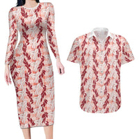 Hawaii Ti Leaf Maile Tuberose Lei Couples Matching Long Sleeve Bodycon Dress and Hawaiian Shirt With Hanalei Leaf Red