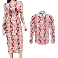 Hawaii Ti Leaf Maile Tuberose Lei Couples Matching Long Sleeve Bodycon Dress and Long Sleeve Button Shirt With Hanalei Leaf Red