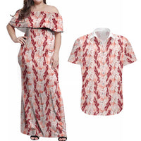 Hawaii Ti Leaf Maile Tuberose Lei Couples Matching Off Shoulder Maxi Dress and Hawaiian Shirt With Hanalei Leaf Red