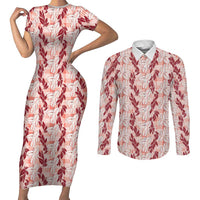 Hawaii Ti Leaf Maile Tuberose Lei Couples Matching Short Sleeve Bodycon Dress and Long Sleeve Button Shirt With Hanalei Leaf Red