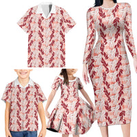 Hawaii Ti Leaf Maile Tuberose Lei Family Matching Long Sleeve Bodycon Dress and Hawaiian Shirt With Hanalei Leaf Red LT05 - Polynesian Pride