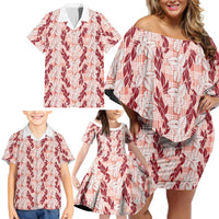 Hawaii Ti Leaf Maile Tuberose Lei Family Matching Off Shoulder Short Dress and Hawaiian Shirt With Hanalei Leaf Red LT05 - Polynesian Pride