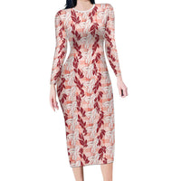 Hawaii Ti Leaf Maile Tuberose Lei Long Sleeve Bodycon Dress With Hanalei Leaf Red