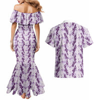 Hawaii Ti Leaf Maile Tuberose Lei Couples Matching Mermaid Dress and Hawaiian Shirt With Hanalei Leaf Purple