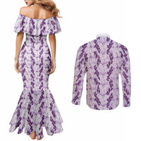 Hawaii Ti Leaf Maile Tuberose Lei Couples Matching Mermaid Dress and Long Sleeve Button Shirt With Hanalei Leaf Purple