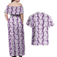Hawaii Ti Leaf Maile Tuberose Lei Couples Matching Off Shoulder Maxi Dress and Hawaiian Shirt With Hanalei Leaf Purple