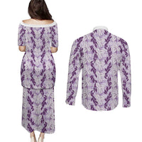 Hawaii Ti Leaf Maile Tuberose Lei Couples Matching Puletasi and Long Sleeve Button Shirt With Hanalei Leaf Purple