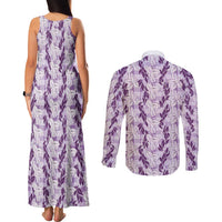 Hawaii Ti Leaf Maile Tuberose Lei Couples Matching Tank Maxi Dress and Long Sleeve Button Shirt With Hanalei Leaf Purple