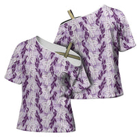 Hawaii Ti Leaf Maile Tuberose Lei Cross Shoulder Shirt With Hanalei Leaf Purple