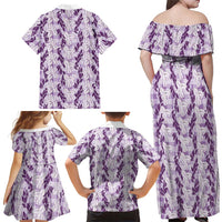 Hawaii Ti Leaf Maile Tuberose Lei Family Matching Off Shoulder Maxi Dress and Hawaiian Shirt With Hanalei Leaf Purple LT05 - Polynesian Pride