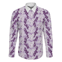 Hawaii Ti Leaf Maile Tuberose Lei Family Matching Off Shoulder Short Dress and Hawaiian Shirt With Hanalei Leaf Purple LT05 Dad's Shirt - Long Sleeve Purple - Polynesian Pride