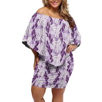 Hawaii Ti Leaf Maile Tuberose Lei Family Matching Off Shoulder Short Dress and Hawaiian Shirt With Hanalei Leaf Purple LT05 Mom's Dress Purple - Polynesian Pride