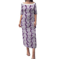 Hawaii Ti Leaf Maile Tuberose Lei Family Matching Puletasi and Hawaiian Shirt With Hanalei Leaf Purple