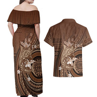 Samoa Tatau Marlin Couples Matching Off Shoulder Maxi Dress and Hawaiian Shirt With Siapo Motifs Brown