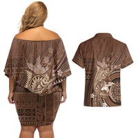 Samoa Tatau Marlin Couples Matching Off Shoulder Short Dress and Hawaiian Shirt With Siapo Motifs Brown