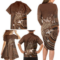 Samoa Tatau Marlin Family Matching Long Sleeve Bodycon Dress and Hawaiian Shirt With Siapo Motifs Brown LT05 - Polynesian Pride