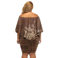 Samoa Tatau Marlin Family Matching Off Shoulder Short Dress and Hawaiian Shirt With Siapo Motifs Brown LT05 - Polynesian Pride