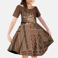Samoa Tatau Marlin Family Matching Tank Maxi Dress and Hawaiian Shirt With Siapo Motifs Brown LT05 Daughter's Dress Brown - Polynesian Pride