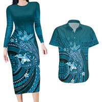Samoa Tatau Marlin Couples Matching Long Sleeve Bodycon Dress and Hawaiian Shirt With Siapo Motifs Teal