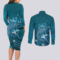 Samoa Tatau Marlin Couples Matching Long Sleeve Bodycon Dress and Long Sleeve Button Shirt With Siapo Motifs Teal