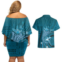 Samoa Tatau Marlin Couples Matching Off Shoulder Short Dress and Hawaiian Shirt With Siapo Motifs Teal