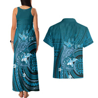 Samoa Tatau Marlin Couples Matching Tank Maxi Dress and Hawaiian Shirt With Siapo Motifs Teal