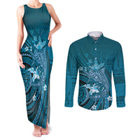 Samoa Tatau Marlin Couples Matching Tank Maxi Dress and Long Sleeve Button Shirt With Siapo Motifs Teal
