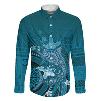 Samoa Tatau Marlin Family Matching Long Sleeve Bodycon Dress and Hawaiian Shirt With Siapo Motifs Teal LT05 Dad's Shirt - Long Sleeve Teal - Polynesian Pride