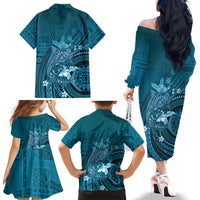 Samoa Tatau Marlin Family Matching Off The Shoulder Long Sleeve Dress and Hawaiian Shirt With Siapo Motifs Teal LT05 - Polynesian Pride