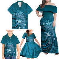 Samoa Tatau Marlin Family Matching Off Shoulder Maxi Dress and Hawaiian Shirt With Siapo Motifs Teal LT05 - Polynesian Pride